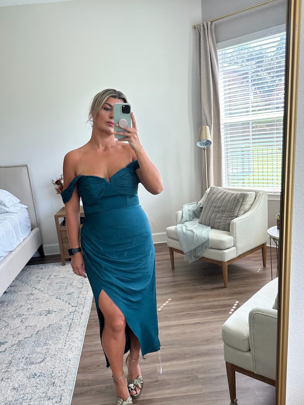 Self-Portrait Teal Off-the-Shoulder Midi Dress with Front Slit